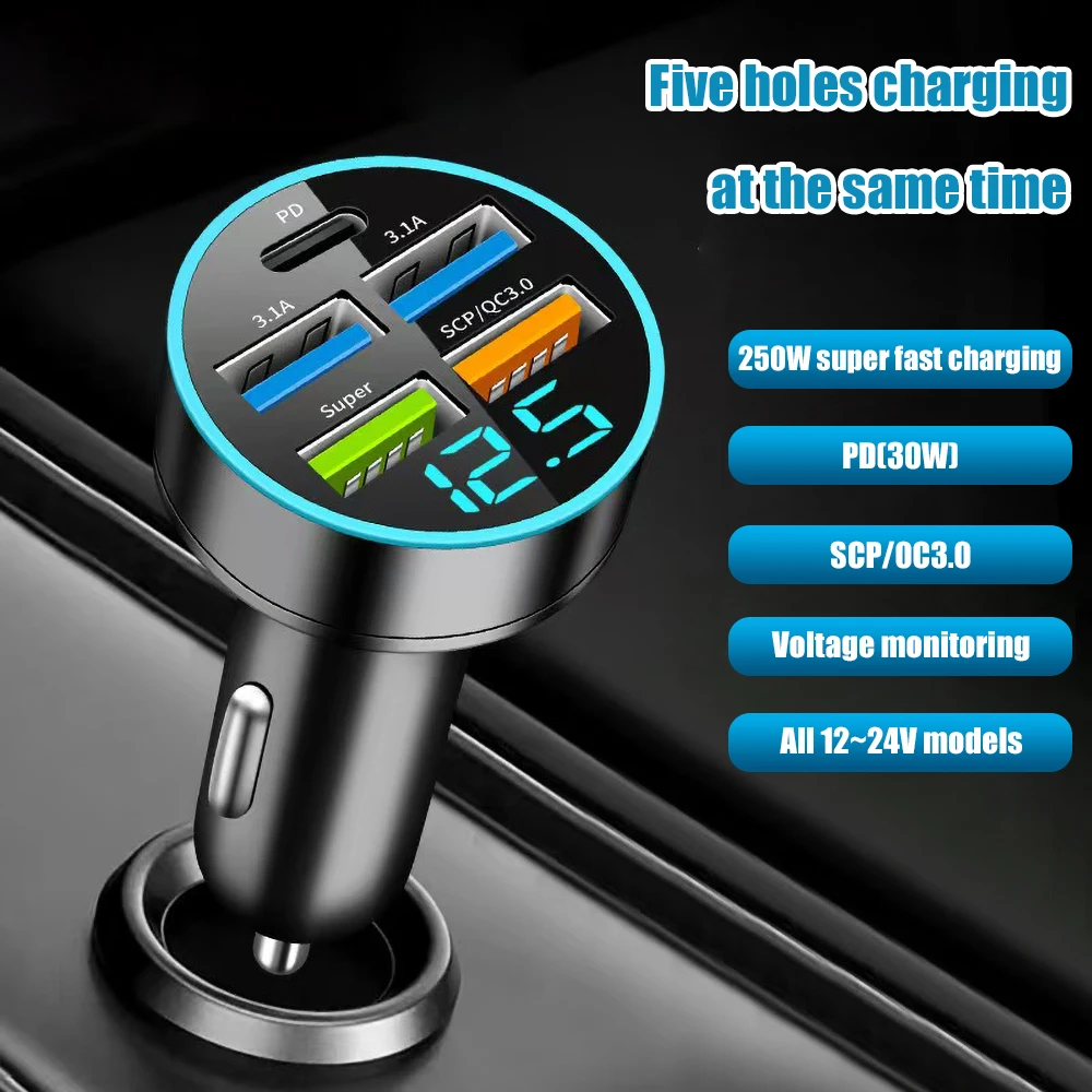 250W 5 in 1 PD QC3.0 Car Charger Fast Charging USB C For iPhone Samsung Huawei Xiaomi Multi Port Cigarette Lighter Adapter