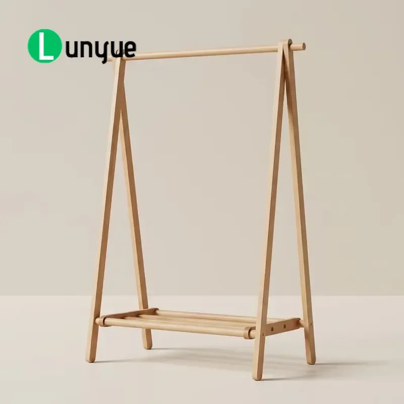 Modern Simple Solid Beech Wood A-Frame Hanger with Bottom Storage Rack for Bedroom Living Room Clothes Display Organizer