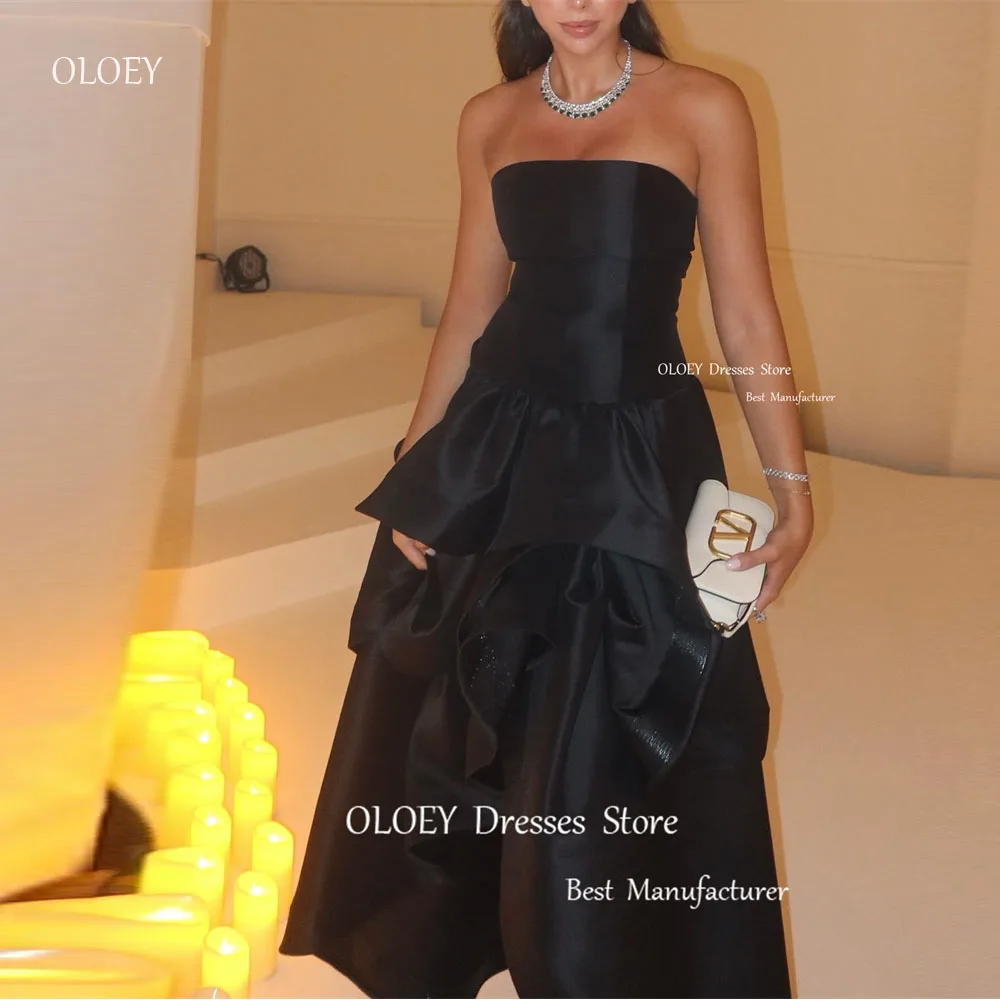 

OLOEY Black Evening Dresses Women Strapless Ruffles Satin Floor Length Prom Gowns Formal Party Dress Vestidos de fiesta 2025