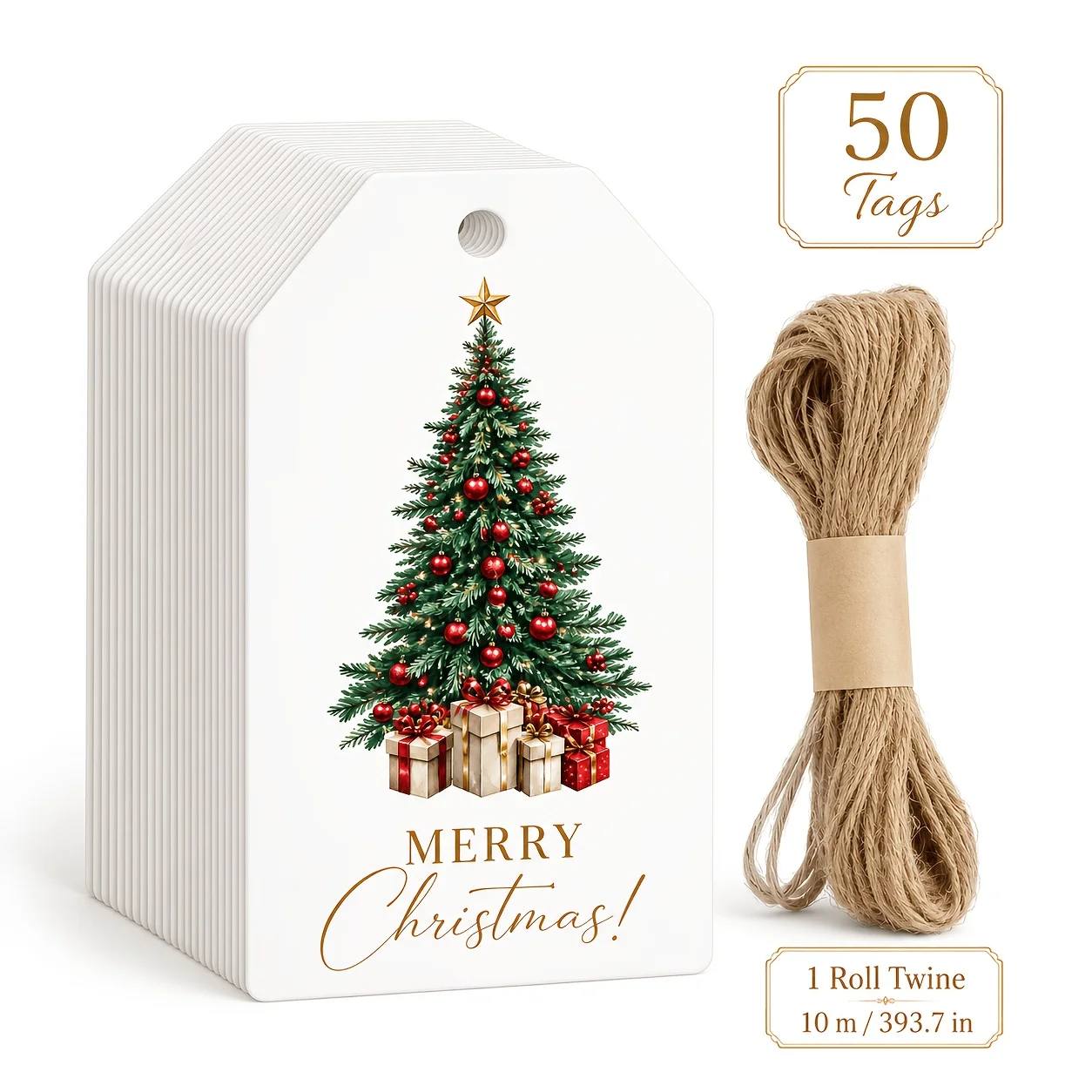 50Pcs Christmas Tree Gift Tags with Jute String, Merry Christmas Paper Hanging Labels for Holiday Gift Packaging