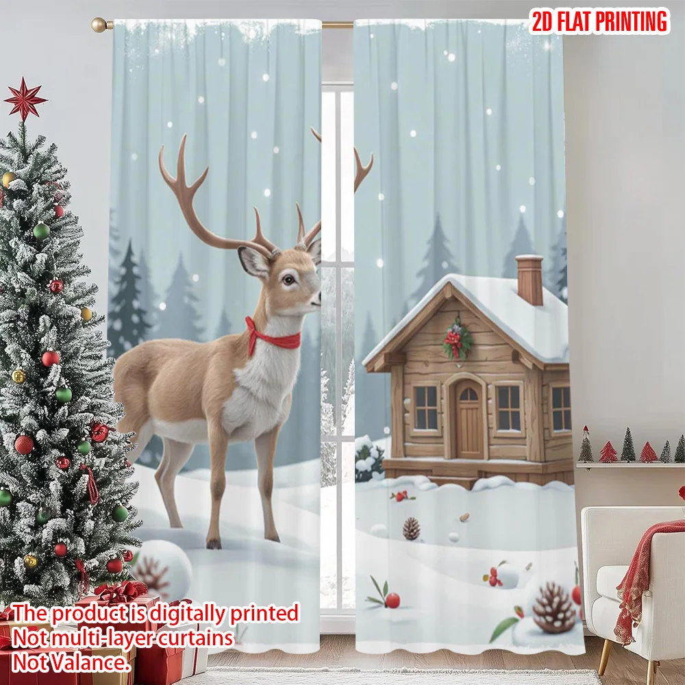 

2pcs 2D flat printing Christmas Curtains Christmas hat funny animal wreath pinecone red fruit winter nature landscape Versatile