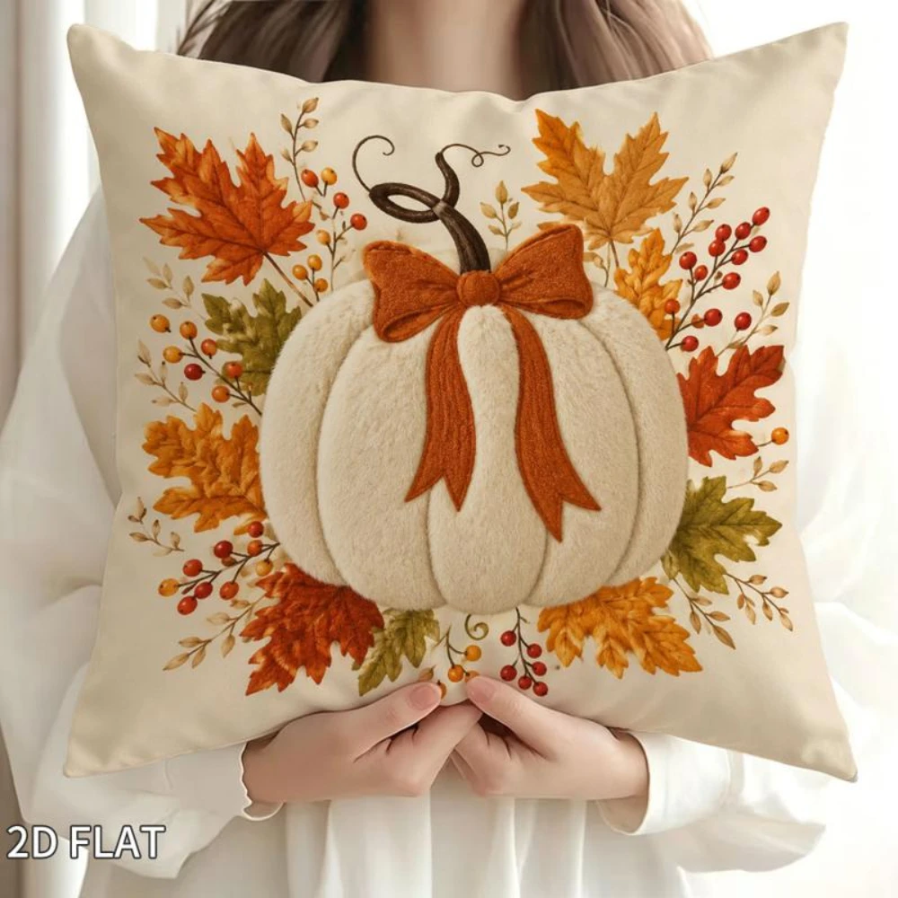 1PC 2D Flat Print Pillow Cover White Pumpkin Bow Maple Leaf Berry Fall Autumn Embroidery Style Sofa Couch Home Decor Gift