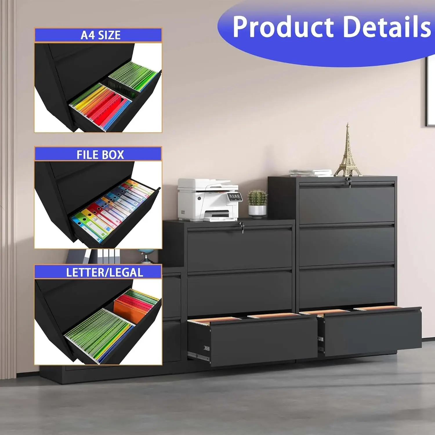 #2 Drawer Lateral File Cabinet Lockable Metal for Home Office Legal Letter A4 F4 Size, Customized 3