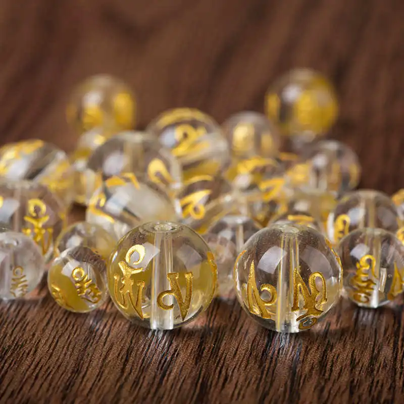 10Beads Natural Rock Crystal Quartz Round Beads 8/10/12/14/16mm Tibetan Mantra Beads golden OM MANI PAD ME HUM