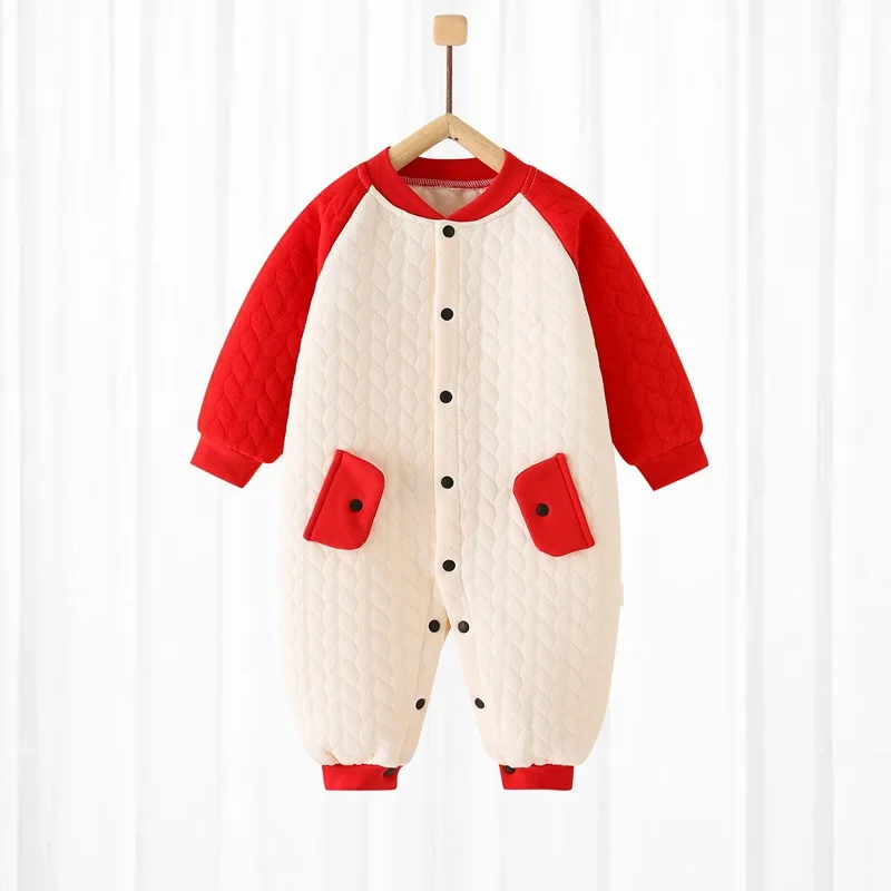 Autumn Newborn Boy Jumpsuit Cotton Plus Thick Padded Spliced Sleeves Warm Baby Boys Bodysuit Single Breasted Infant Boy Onesies