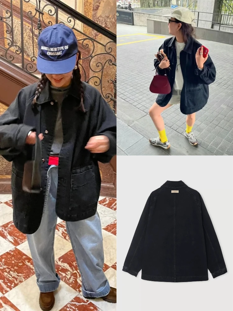 

Свободный женский джинсовый джинсовый тюнер, весна 2025, винтажный цельный длинный воротник-свеч с застежкой на пуговицы