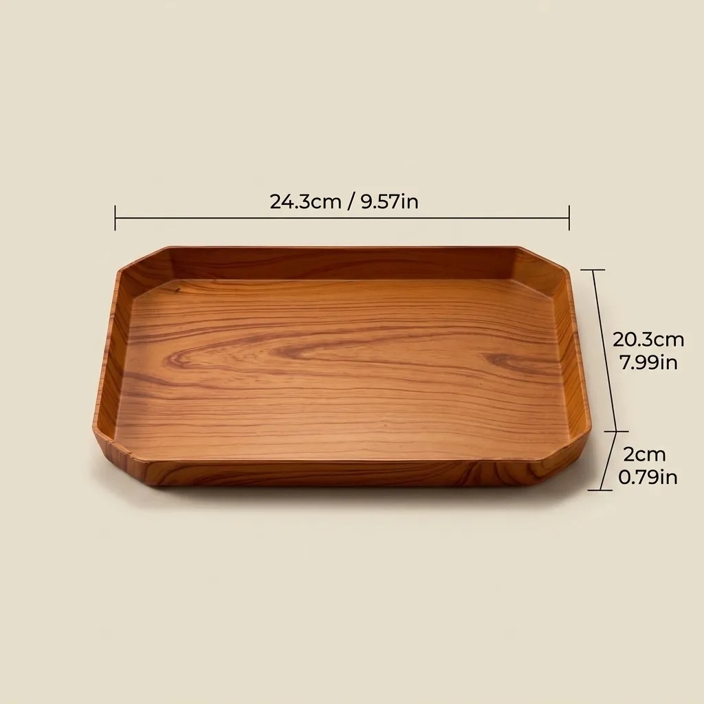 Stapelbare plastic dienblad met houtnerf, plastic dienblad voor eten en thee, verhoogde rand, decoratief dienblad voor ontbijt, keukenopbergorganizer