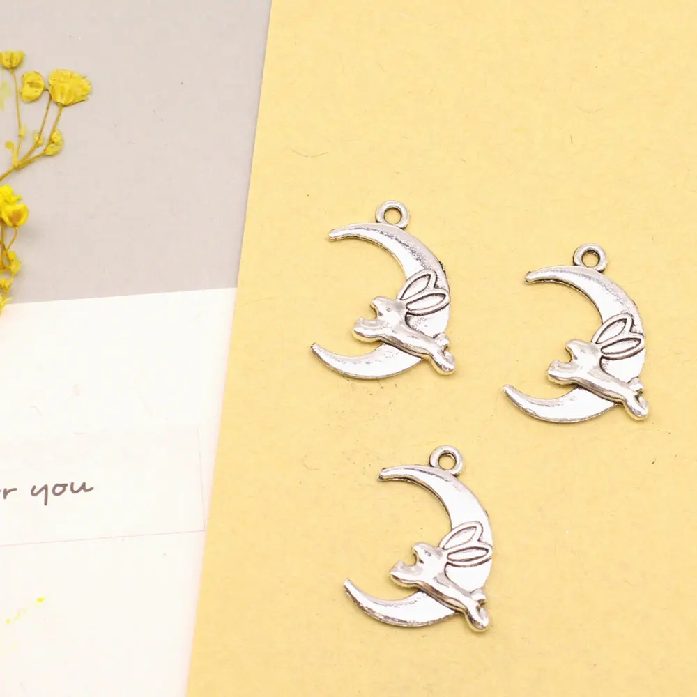 Jade Hare Running To The Moon Charms Pendants For Jewelry Home Decor Crafts Jewelri Make 18x22mm 10pcs Antique Silver Color