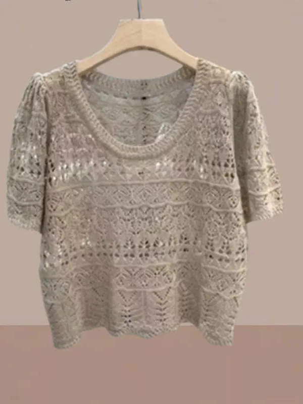 

Slim Fit Hollow out ort Sve Knitted Top Women's Casual Trendy T-irt Breathable Thin Design round Ne Summer Faion