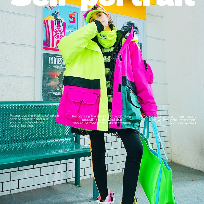Verdikt donsjack met capuchon voor dames, nieuwe herfst-/winterstijl, kleurrijk patchwork, trendy merk, losse pasvorm, unieke straatstijl