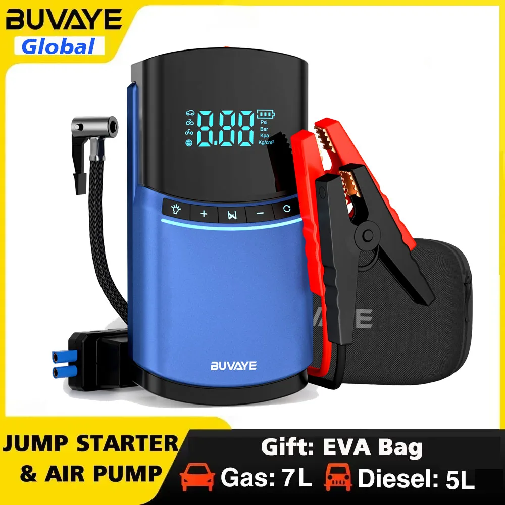 

BUVAYE 4 in 1 Car Jump Starter Air Pump 150PSI Tyre Compressor 2000A Starter Device 10400mAh Power bank Digital Inflatable Pump