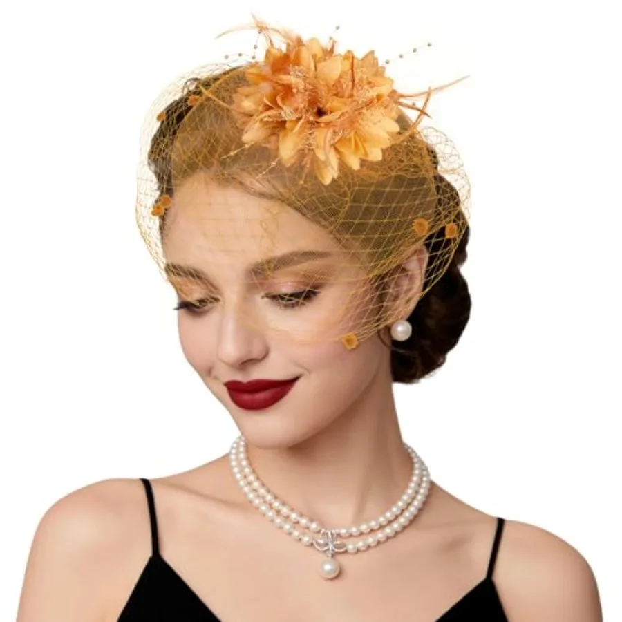 Fascinators Hats Tea Party Hats for Women Feather Veil Headband Vintage Lace Cocktail Headwear Bridal Wedding Veil Retro Hat