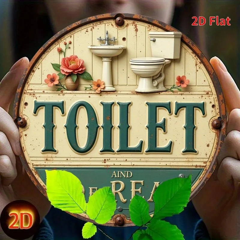 [2D Flat] Vintage-Toilettenschild mit Blumenmuster – rustikale runde Eisen-Wandkunst mit Toilettendekor, einfach aufzuhängen, ideal für Zuhause, Büro, Kit