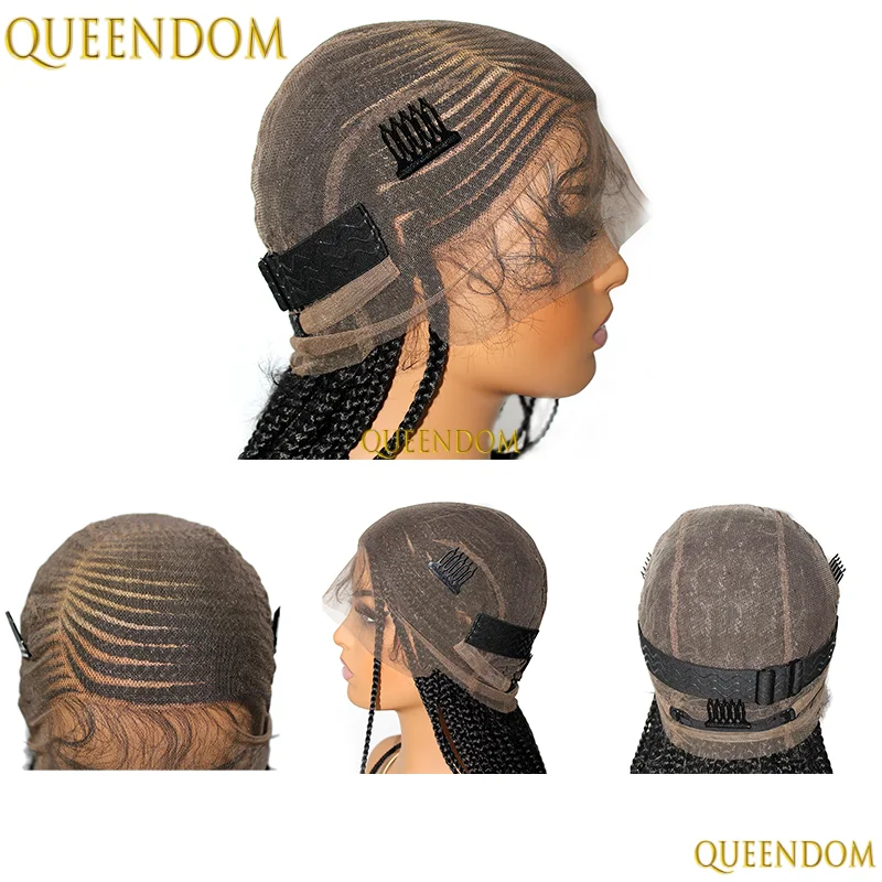 Wig Kepang Kotak Tanpa Simpul 36'' Sintetis, Wig Full Lace HD dengan Belahan Samping untuk Wanita Kulit Hitam, Kepang Cornrow Pirang