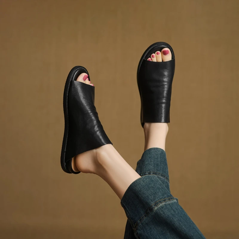 Women's New Summer Genuine Leather Horseskin Round Toe Exposed Toe Low Heel Retro Lazy Mule Shoes Fashion Fish Mouth Slippers