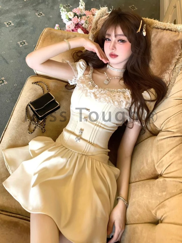 2024 Vintage Solid Elegant Korean Fashion Set Women Fairy New 2 Piece Sets Female Sweet Casual Sexy Mini Skirt Suit Summer 2024