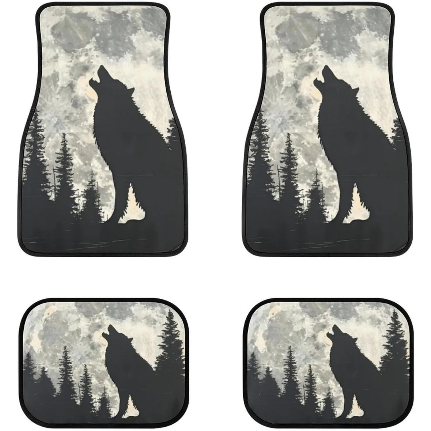 4-Pcs Howling Wolf Silhouette Car Floor Mats | Polyester Universal Fit For SUVs, Trucks, Sedans, Vans - Front & Rear Auto Carpet