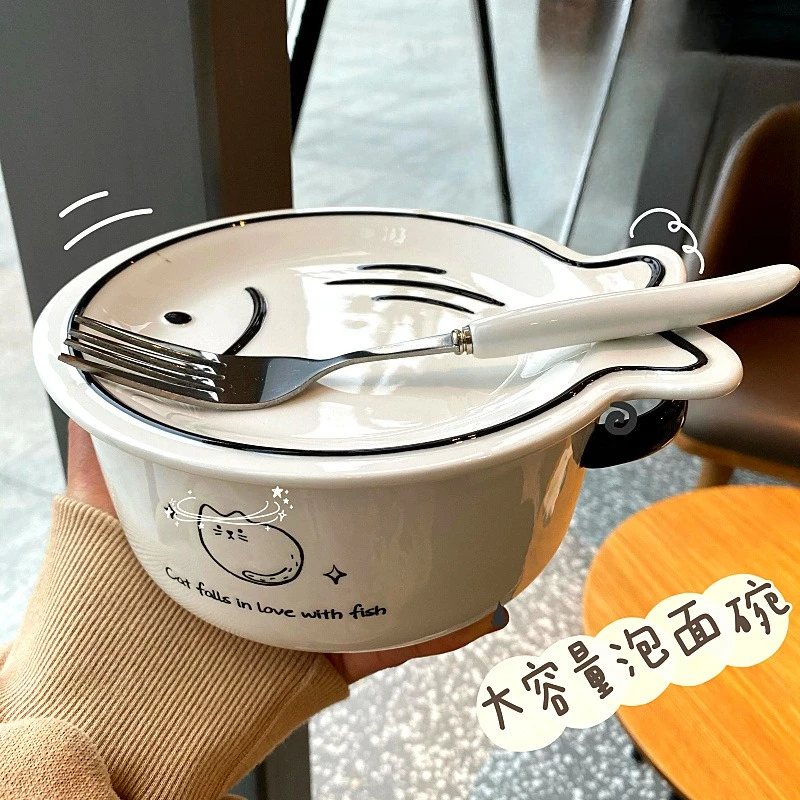 Binaural instant noodle bowl, large-capacity noodle ceramic with lid, noodle bowl