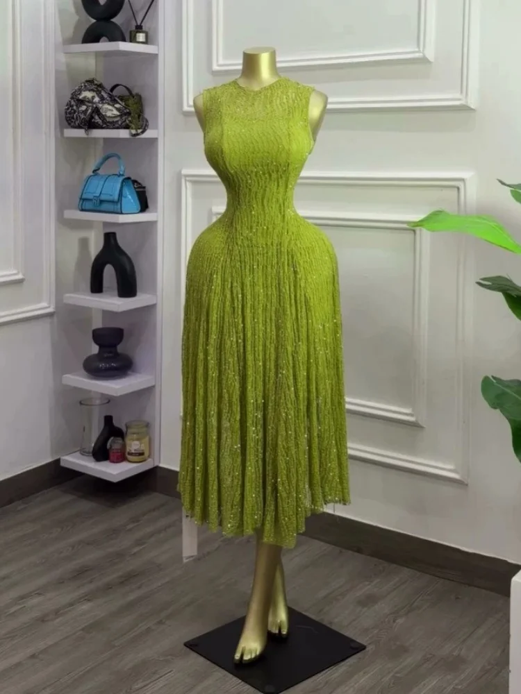 Wmstar Women Dress Wholesale Summer Elegant Midi Dress Round Neck Sleeveless Sparkly Sequin Textured Fabric Pleated Party