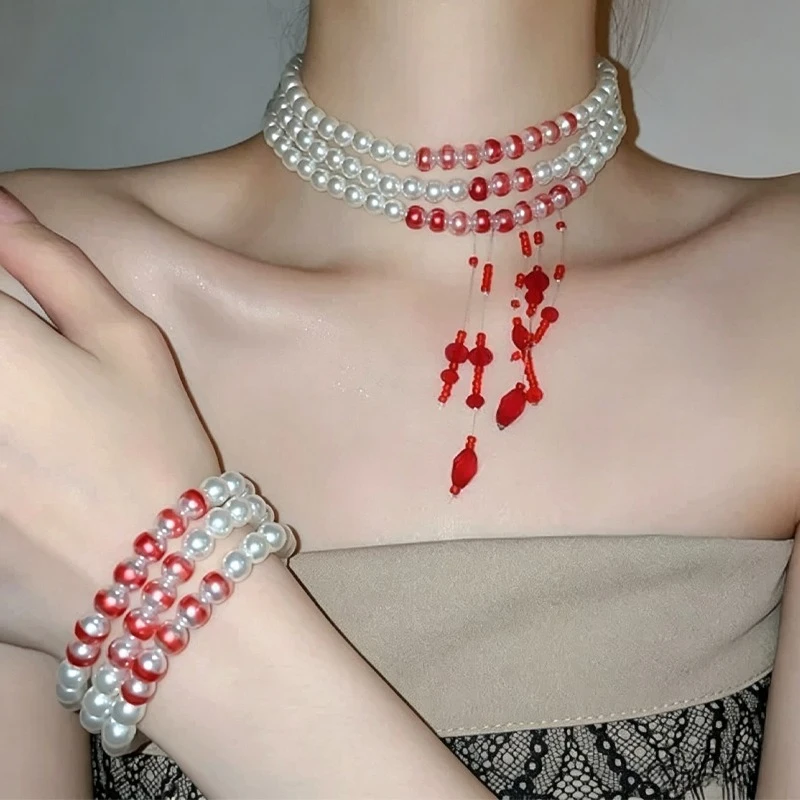 Gothic Style Blood-drop Necklace Red Crystal Tassel Pendant Multi-layer Collar High-end Atmosphere Neck Jewelry Accessory 2026