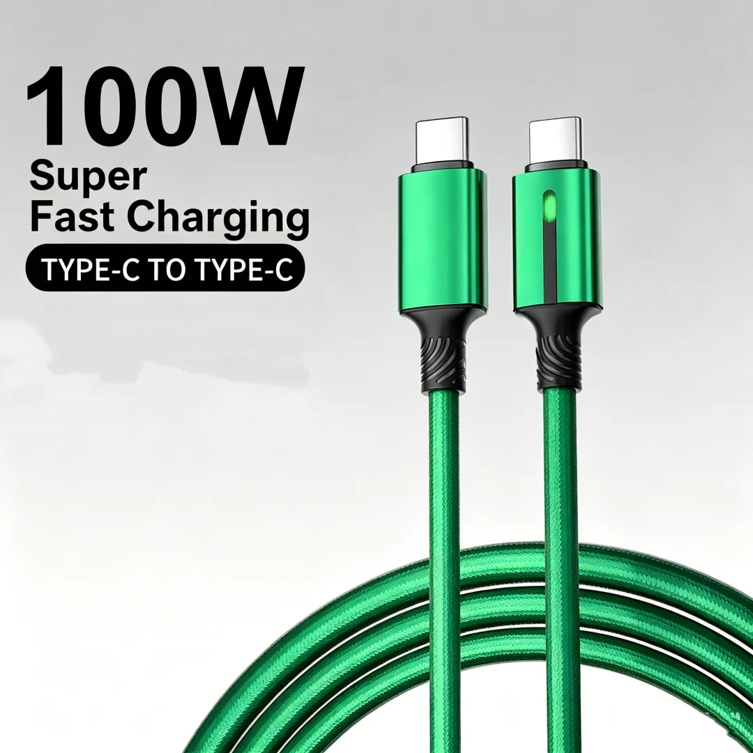 100W Type C to Type C Charging Cable Straight With Indicator & Retractable Coiled Dual Styles Data Transfer Woven Cord1m/1.5m/2m