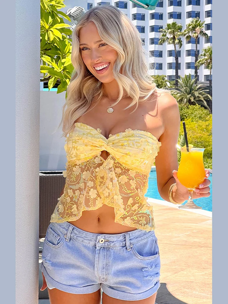 Nibber Sequins 3d  Flowers Corset Tops Women Patchwork Mesh Folds Kink Splits Sweet Summer Trend Midnight Party Simple Tops