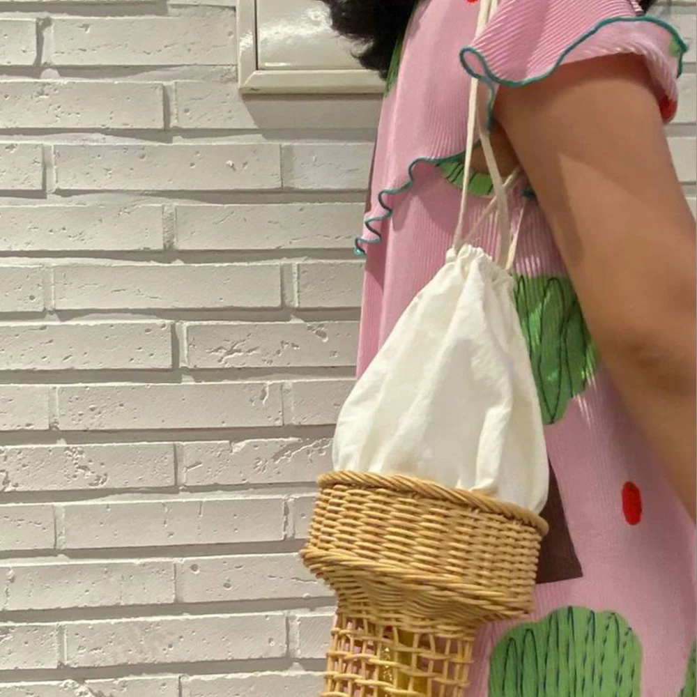 Bolso de mimbre para helado para mujer, bolsa de mimbre tejida Bohemia, monederos divertidos huecos para mujer, bolsos de hombro para playa, 2022