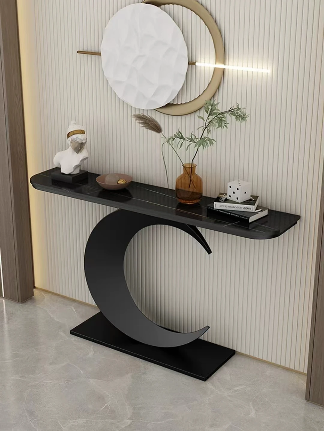 

Italian entryway, simple rock slab entry, small apartment, home corridor, wall-leaning, semi-circle creative entryway table