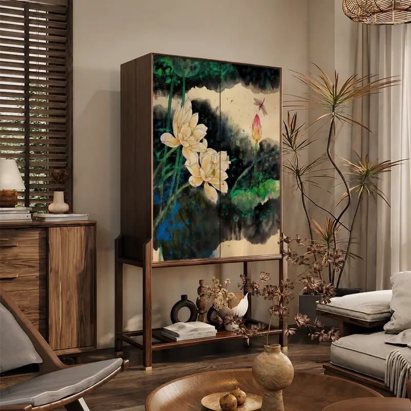 Song Style Aesthetics New Chinese Solid Wood High Footed Bucket Cabinet Living Room Wall Mounted Integrated Entrance Storage