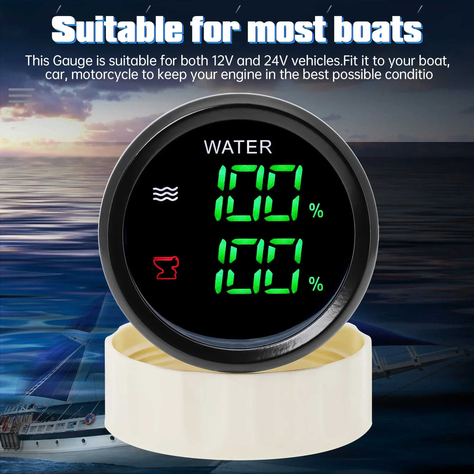 52MM Water Level+Sewage Level Meter Digital Dual Gauge Water Or Sewage Level Sensor 0-190ohm HTG for Boat Car 12V 24V Customized