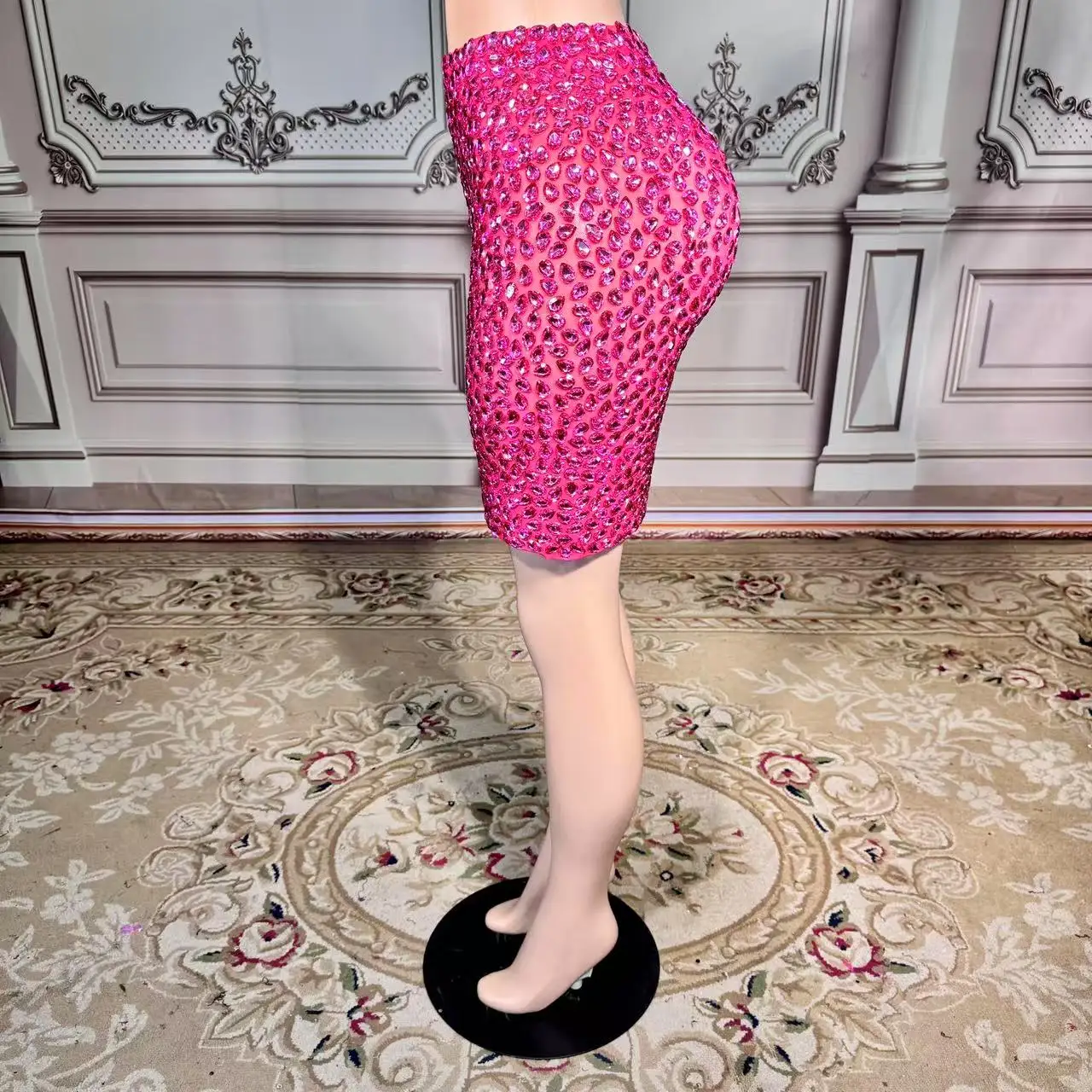 Pink Bling Silver Rhinestones Skirt Sexy Stage Stretch Mesh Outfit Dance Stage Birthday Celebrate Performance Photoshoot Skirt