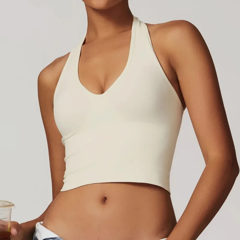 

Sexy V Neck Gym Tank Top Halter Yoga Vest Women Seamless Sports Bra Running Top Slim Fit Yoga Padded Workout Sport Underwear
