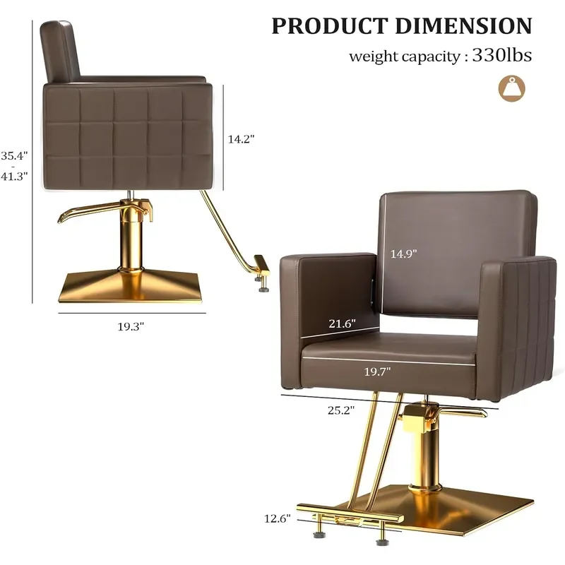 Brown and Gold Barber Chair Hair Salon Chair with Heavy Duty Hydraulic Pump Square Base Stainless Steel Footrest Styling