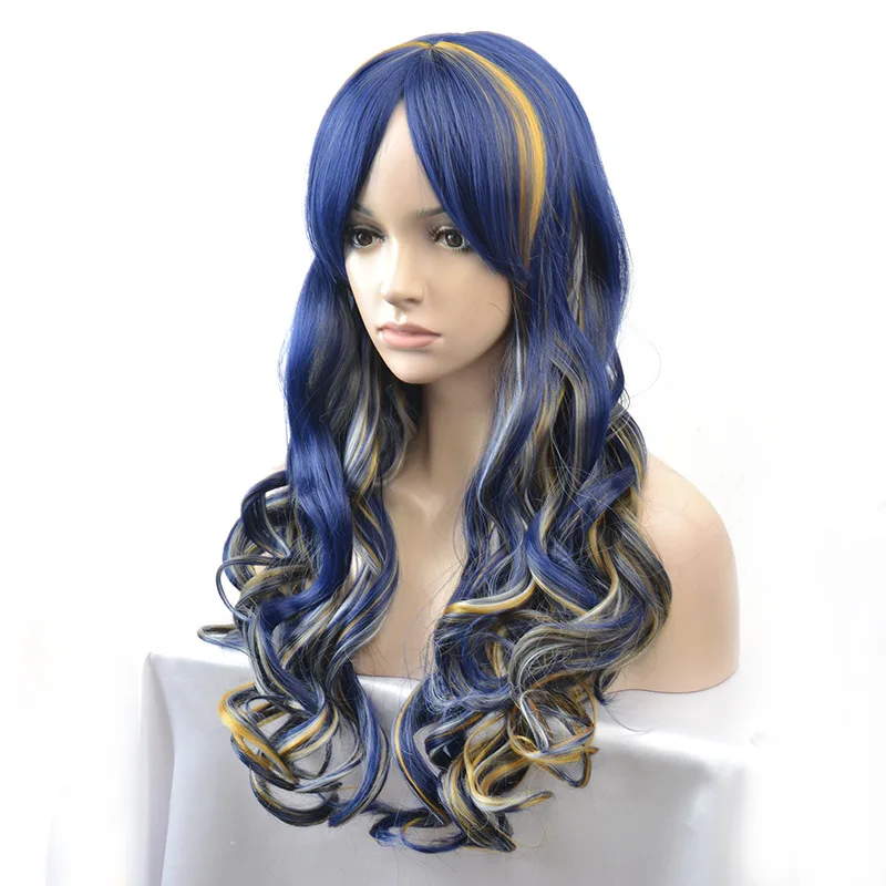 Wig rambut keriting biru campuran pirang panjang 70cm dengan poni untuk Wig pesta kostum Cosplay Halloween Natal wanita