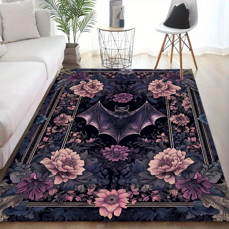 

Black floral bat rug: crystal velvet, non-slip, large, multi-use.