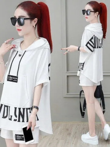 

Summer New Style Women's High-End Short Sleeve Shorts Sports Casual Wear Set Korean Version Loose Fit with Pockets