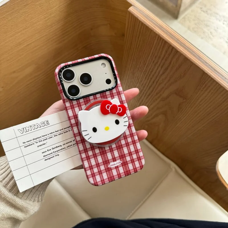 

Luxury Cute Pink White grid Magsafe Wireless Charge Case For iPhone 13 14 15 16 17Pro Max Cartoon Hello Kitty Magnetic Holder