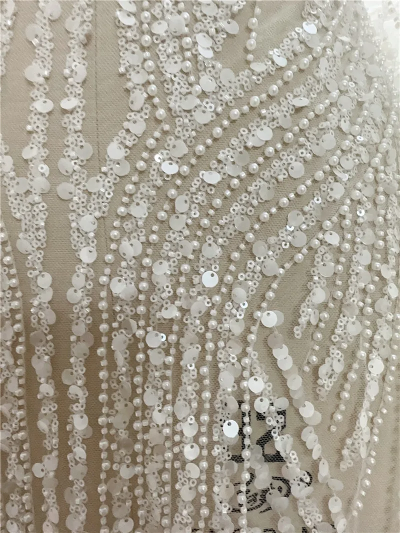 2024 New Style White Gorgeous Strip Unique Style Fashion High Quality Pearl Bead Sequins Wedding Dress Gown Lace Fabric