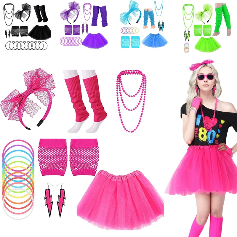 

1980s Party Neon Necklace Leg Socks Clothing Accessories Set Fishing Net Gloves Earrings Hairpins Masquerade Cosplay Accessories