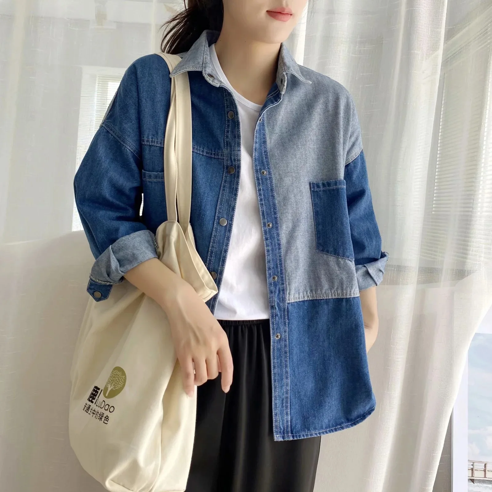 

Korean Style Chic Denim Patchwork Asymmetrical Fresh Style Shirt for Women Vintage Loose Casual Creative Design Blouse Coats