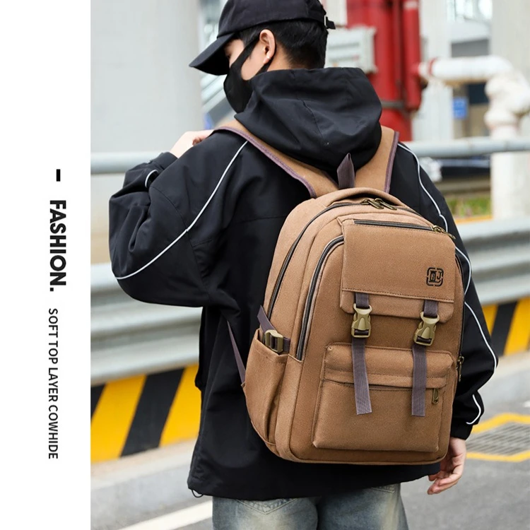 

Wear-resistant canvas men's backpack, women's travel backpack, multi-pocket flip cover lock, waterproof student schoolbag
