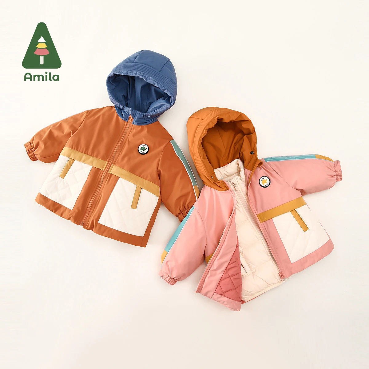 Amila Baby Down Jacket 2024 Winter New Boys Girls Fashion Patchwork Hooded Ciepły płaszcz trzy w jednym z kieszeniami Odzież dziecięca