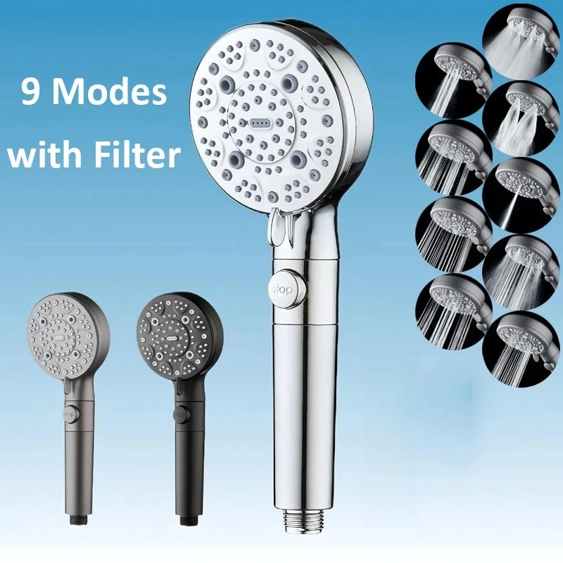 

New 9 Modes Shower Head High Pressure Showerhead One-Key Stop Water Massage Shower Head with Filter Element Bathroom Accessories