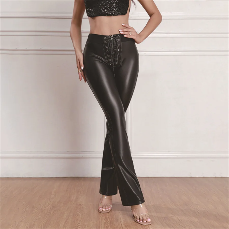 New Multi-steam Eye Rope PU Micro-pull Pants Elastic Waist Women's Waist High-elastic Hip-lifting Leather Pants