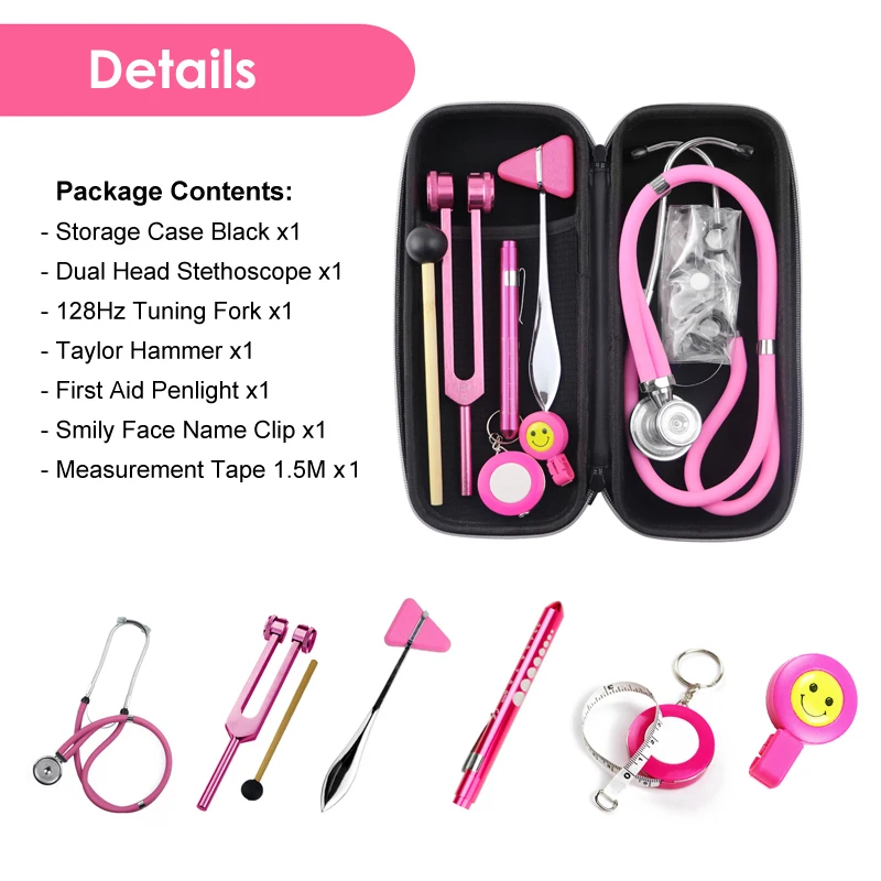 Pink Health Monitor Storage Accessory Package Kit with Medical Doctor Stethoscope Tuning Fork Reflex Hammer LED Penlight Tool