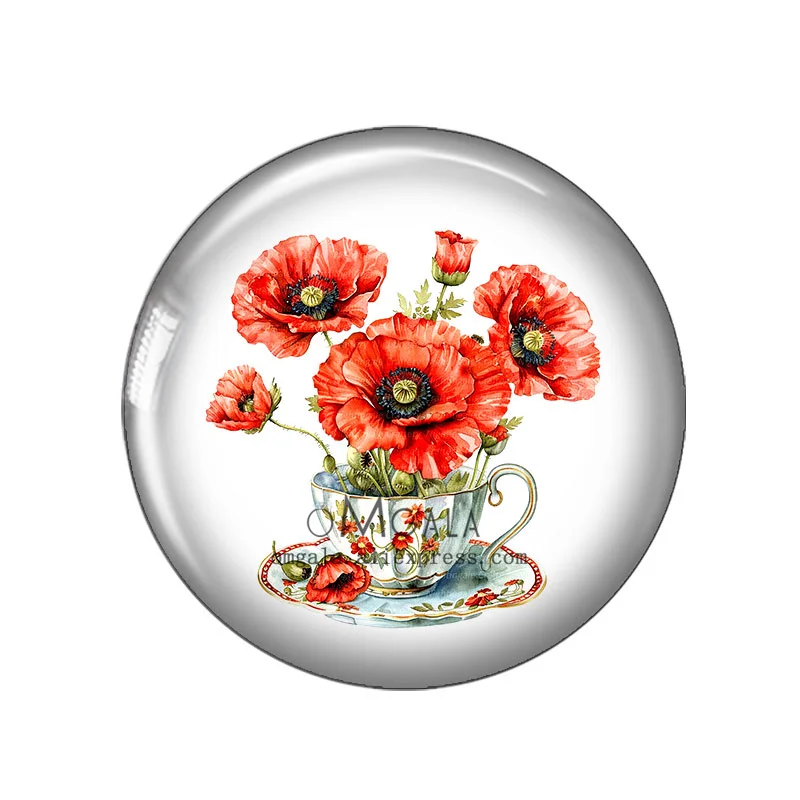 New Watercolor Red Poppy Flower Art Painting 12mm/18mm/20mm/25mm Round photo glass cabochon demo flat back Making findings