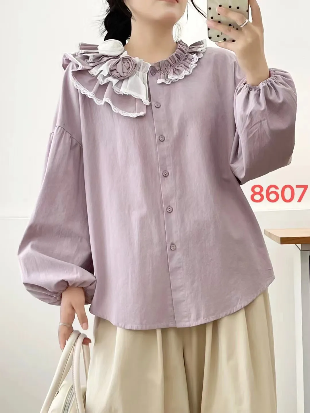 

Ready Stock High Quality Women 100% Cotton Blouse Shirt Ruffles Doll Collar Long Sleeve Small Fresh Sweet Solid Color Loose Tops
