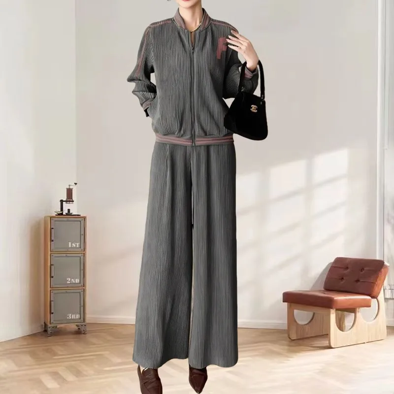 

Miyake плиссированный брючный костюм в стиле ретро, осенний костюм, женский повседневный простой плиссированный бейсбольный пиджак, свободный тонкий пригородный комплект из 2 предметов