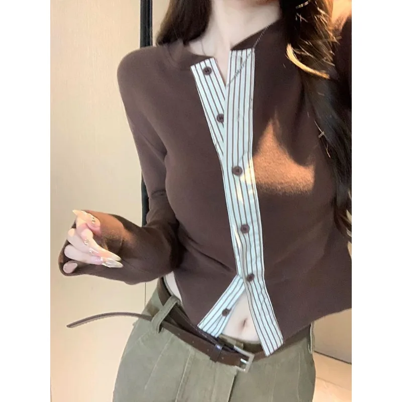 Blouse T-shirt Women's Korean-inspired Button-down Cardigan Vintage Striped Patchwork Long-sleeved Slim-fit Cropped Comfortable