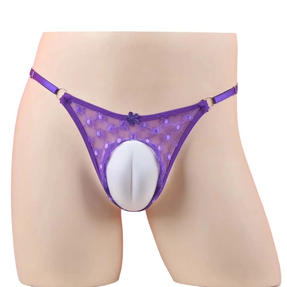 Men Lace Embroidery Sissy G-string Thong Adjustable Panties Very Hot Lingerie Pouch T-Back Padded Brief Underwear Men's Clothing